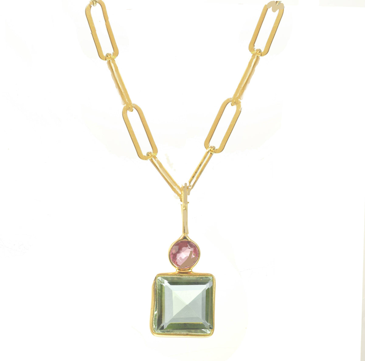 Pink and Sea Foam Green Quartz Bezel Necklace