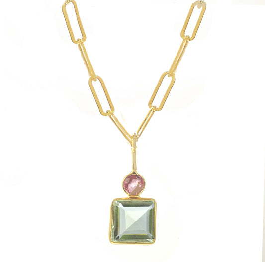 Pink and Sea Foam Green Quartz Bezel Necklace